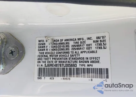 2007 Honda Cr-V Ex-L z USA, uszkodzony, nr VIN 5J6RE48787L005693